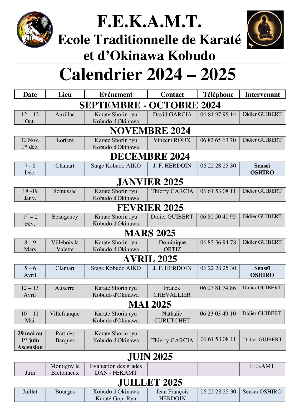 Calendrier 2024-2025