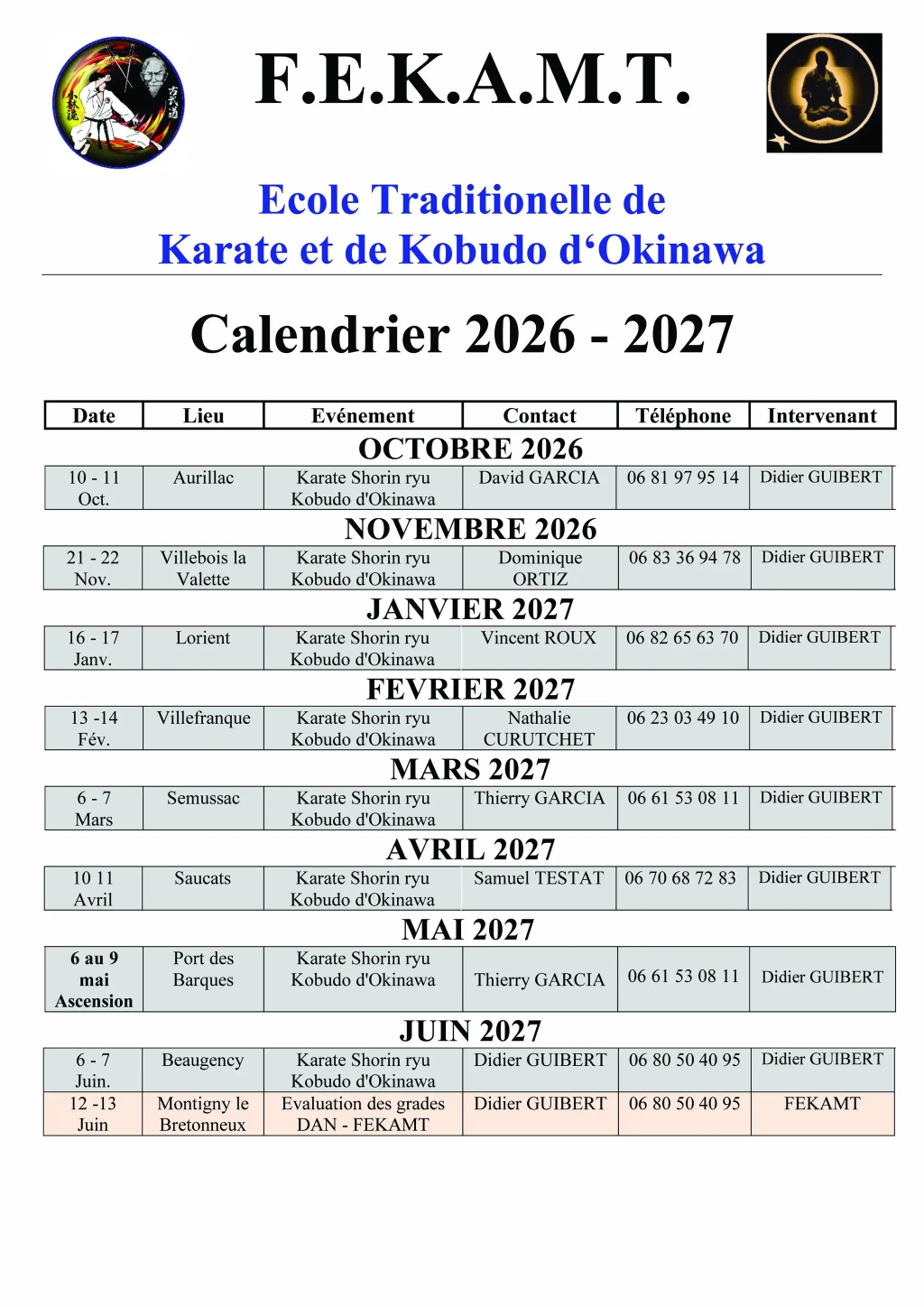 Calendrier 2026-2027